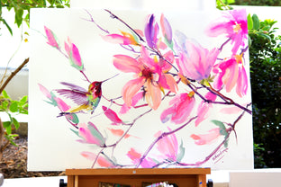 Original art for sale at UGallery.com | Little Hummingbird and Pink Magnolias by Suren Nersisyan | $500 | watercolor painting | 22' h x 30' w | photo 4