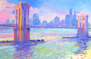 Original art for sale at UGallery.com | Evening Colors of the City (Brooklyn Bridge) by Suren Nersisyan | $1,475 | oil painting | 24' h x 36' w | photo 1