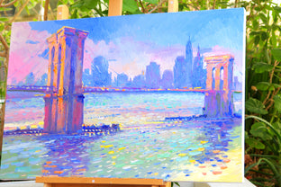 Original art for sale at UGallery.com | Evening Colors of the City (Brooklyn Bridge) by Suren Nersisyan | $1,475 | oil painting | 24' h x 36' w | photo 3