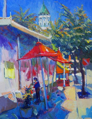 Original art for sale at UGallery.com | Red Umbrellas in Hollywood by Suren Nersisyan | $575 | oil painting | 20' h x 16' w | photo 1