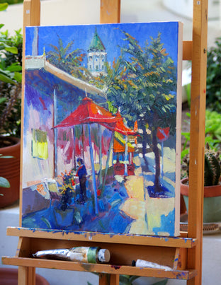 Original art for sale at UGallery.com | Red Umbrellas in Hollywood by Suren Nersisyan | $575 | oil painting | 20' h x 16' w | photo 3