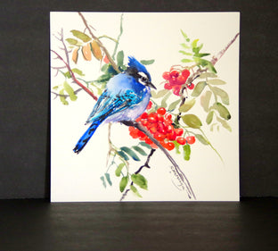 Original art for sale at UGallery.com | Blue Jay and Rowan by Suren Nersisyan | $300 | watercolor painting | 12' h x 12' w | photo 2