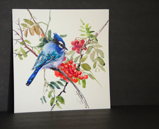 Original art for sale at UGallery.com | Blue Jay and Rowan by Suren Nersisyan | $300 | watercolor painting | 12' h x 12' w | photo 3