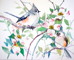 Original art for sale at UGallery.com | Titmice and Dogwood by Suren Nersisyan | $300 | watercolor painting | 11' h x 14' w | photo 1