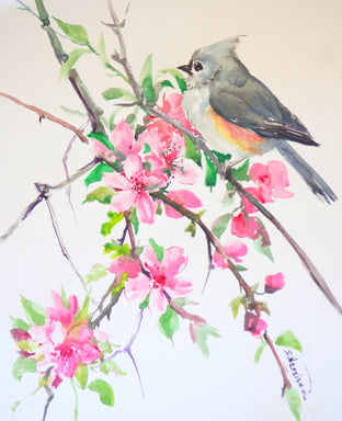 Original art for sale at UGallery.com | Titmouse and Sakura (Cherry Blossom) by Suren Nersisyan | $350 | watercolor painting | 14' h x 11' w | photo 1