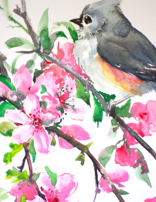 Original art for sale at UGallery.com | Titmouse and Sakura (Cherry Blossom) by Suren Nersisyan | $350 | watercolor painting | 14' h x 11' w | photo 3