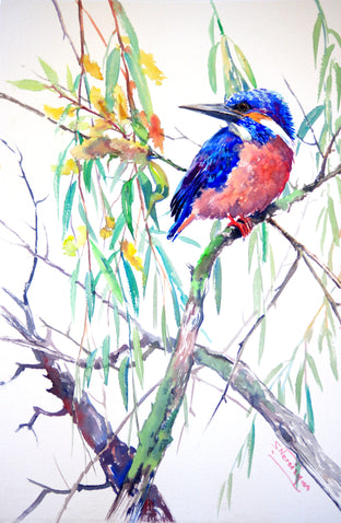Original art for sale at UGallery.com | Kingfisher and Willow (Vertical) by Suren Nersisyan | $375 | watercolor painting | 22' h x 15' w | photo 1