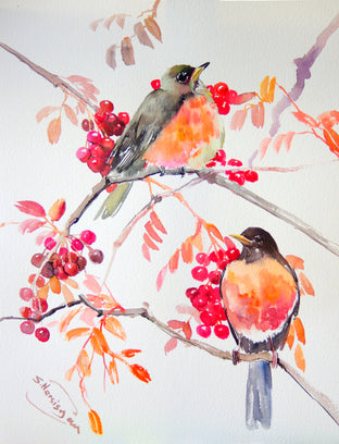 Original art for sale at UGallery.com | American Robins and Fall Berries by Suren Nersisyan | $250 | watercolor painting | 15' h x 12' w | photo 1