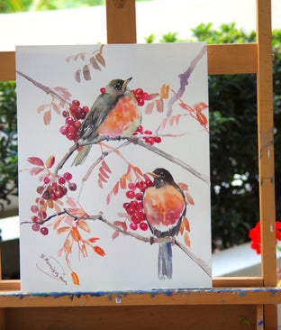 Original art for sale at UGallery.com | American Robins and Fall Berries by Suren Nersisyan | $250 | watercolor painting | 15' h x 12' w | photo 2