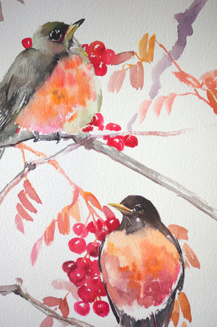 Original art for sale at UGallery.com | American Robins and Fall Berries by Suren Nersisyan | $250 | watercolor painting | 15' h x 12' w | photo 4