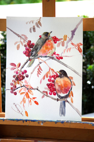 Original art for sale at UGallery.com | American Robins and Fall Berries by Suren Nersisyan | $250 | watercolor painting | 15' h x 12' w | photo 3