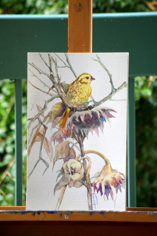 Yellowhammer and Dry Sunflowers (Vertical) by Suren Nersisyan |  Context View of Artwork 