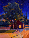 Original art for sale at UGallery.com | Small House and Big Tree (midnight in burbs) by Suren Nersisyan | $450 | oil painting | 14' h x 11' w | thumbnail 1