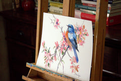 Original art for sale at UGallery.com | Spring, Bluebird and Sakura Blossom by Suren Nersisyan | $400 | watercolor painting | 12' h x 16' w | thumbnail 4