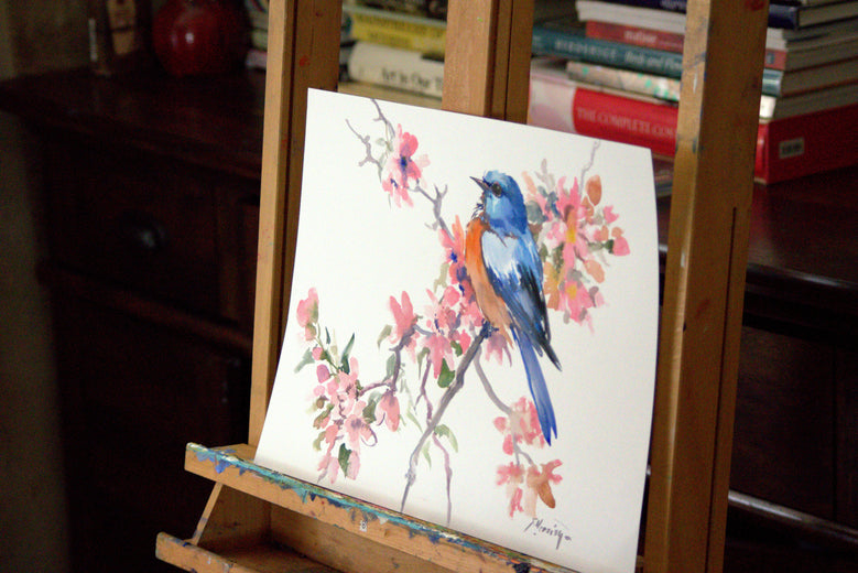Spring, Bluebird and Sakura Blossom by Suren Nersisyan |   Closeup View of Artwork 