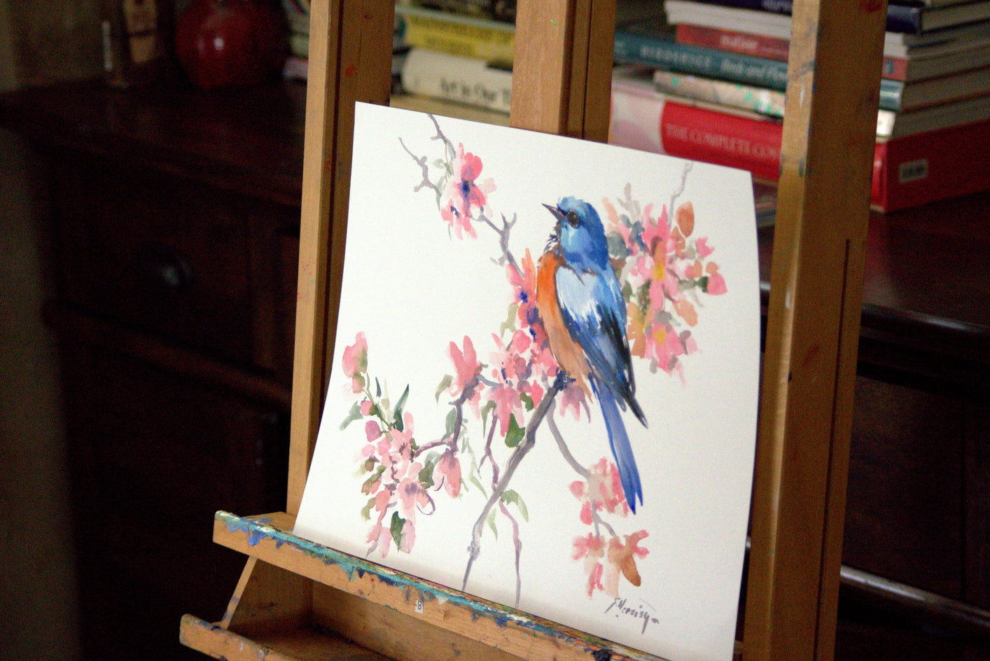 Spring, Bluebird and Sakura Blossom by Suren Nersisyan |  Closeup View of Artwork 