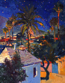 oil painting by Suren Nersisyan titled Old House and Palm Trees, Midnight