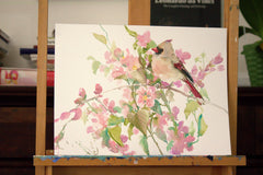 Original art for sale at UGallery.com | Female Cardinal and Pink Blossom by Suren Nersisyan | $325 | watercolor painting | 12' h x 16' w | thumbnail 3