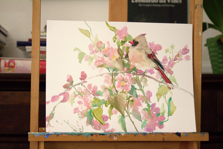 Female Cardinal and Pink Blossom by Suren Nersisyan |  Context View of Artwork 