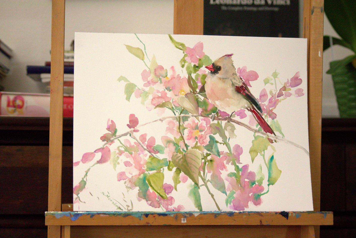 Female Cardinal and Pink Blossom by Suren Nersisyan |  Context View of Artwork 
