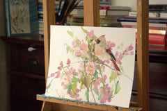 Original art for sale at UGallery.com | Female Cardinal and Pink Blossom by Suren Nersisyan | $325 | watercolor painting | 12' h x 16' w | thumbnail 4