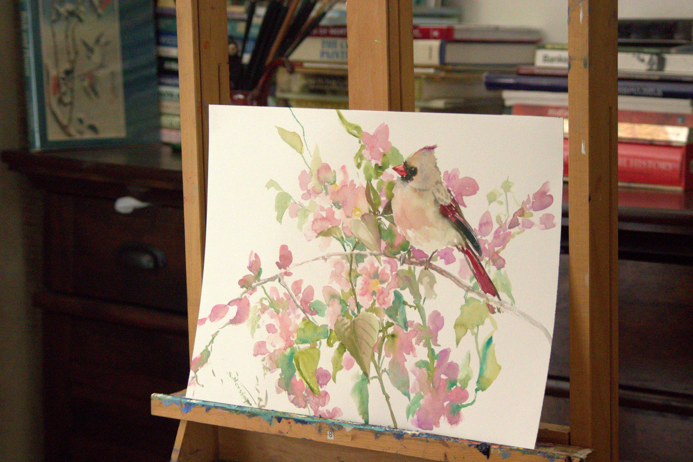 Female Cardinal and Pink Blossom by Suren Nersisyan |  Closeup View of Artwork 