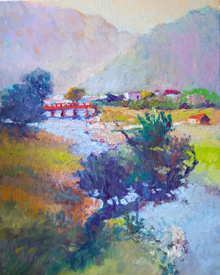 Original art for sale at UGallery.com | Evening Landscape with Red Bridge by Suren Nersisyan | $475 | oil painting | 20' h x 16' w | photo 1