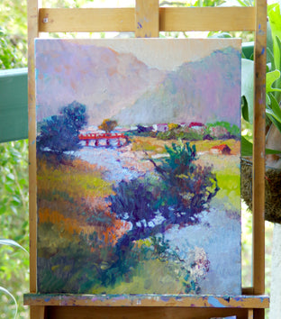 Original art for sale at UGallery.com | Evening Landscape with Red Bridge by Suren Nersisyan | $475 | oil painting | 20' h x 16' w | photo 2