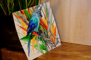 Sun Conure and Paradise Flowers, Tropics by Suren Nersisyan |   Closeup View of Artwork 