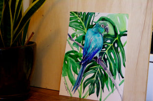 Original art for sale at UGallery.com | Green Conure and Philodendron, Tropical by Suren Nersisyan | $275 | watercolor painting | 14' h x 11' w | photo 3