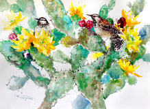 Original art for sale at UGallery.com | Cactus Wren and Prickly Pear by Suren Nersisyan | $375 | watercolor painting | 18' h x 24' w | thumbnail 1