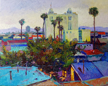 oil painting by Suren Nersisyan titled Early Evening in Los Angeles, a View from Hollywood