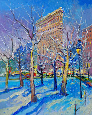 Original art for sale at UGallery.com | Winter Night in New York, Flatiron Building by Suren Nersisyan | $1,800 | oil painting | 30' h x 24' w | photo 1
