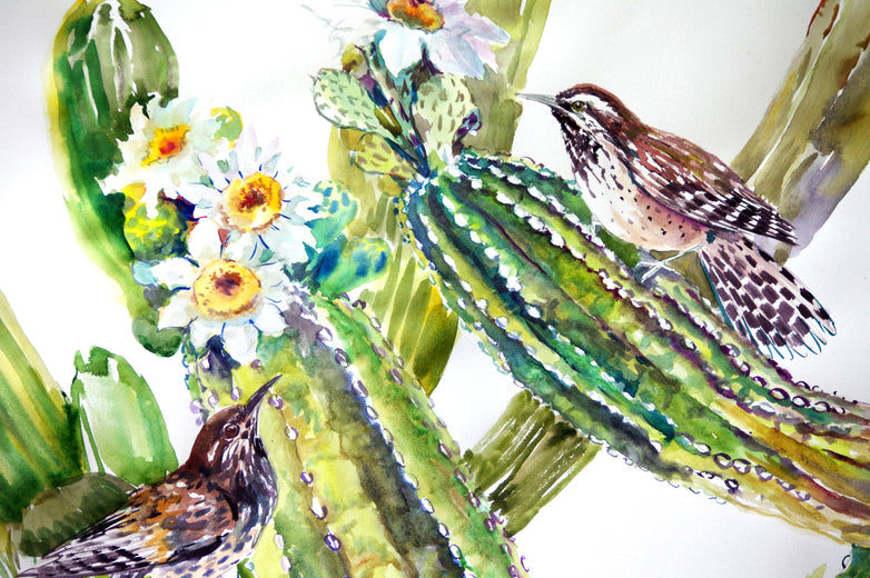 Cactus Wren and Saguaro Cactus by Suren Nersisyan |   Closeup View of Artwork 
