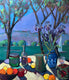 Original art for sale at UGallery.com | Table on the Bay, with Irises by James Hartman | $4,675 | oil painting | 48' h x 42' w | thumbnail 1