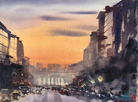 Original art for sale at UGallery.com | Sunset on F Street by James Nyika | $525 | watercolor painting | 12' h x 16' w