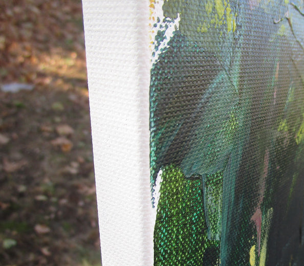 Yellow Bushes by Lake by Janet Dyer |  Side View of Artwork 