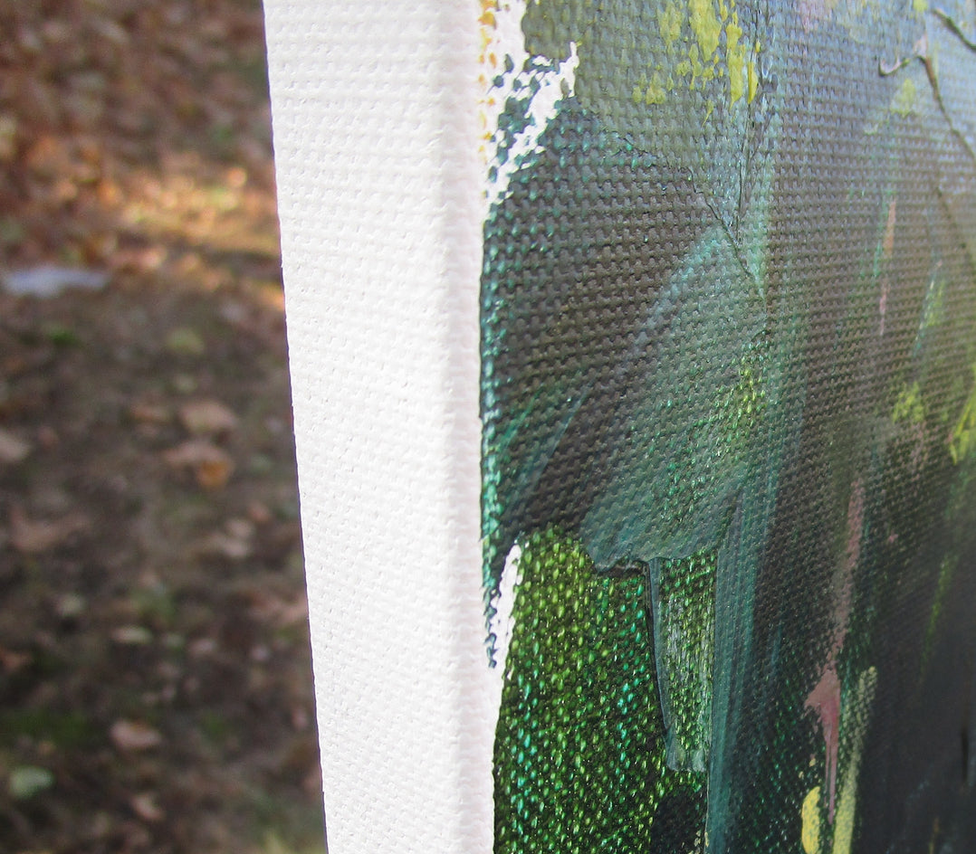 Yellow Bushes by Lake by Janet Dyer |  Side View of Artwork 