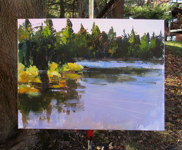 Yellow Bushes by Lake by Janet Dyer |  Context View of Artwork 