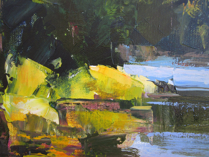 Yellow Bushes by Lake by Janet Dyer |   Closeup View of Artwork 