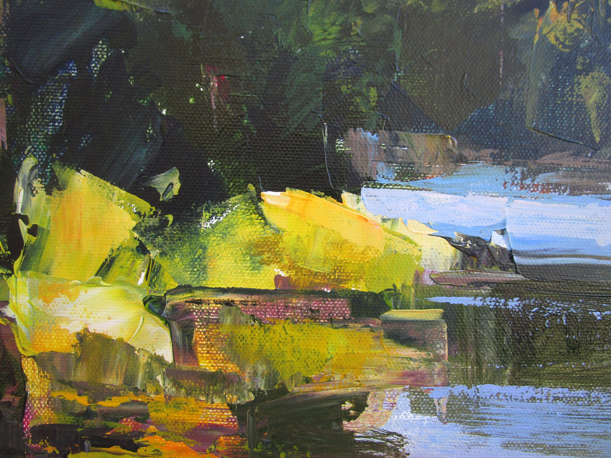 Yellow Bushes by Lake by Janet Dyer |  Closeup View of Artwork 