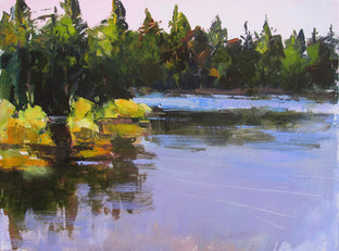 Original art for sale at UGallery.com | Yellow Bushes by Lake by Janet Dyer | $975 | acrylic painting | 18' h x 24' w | photo 1