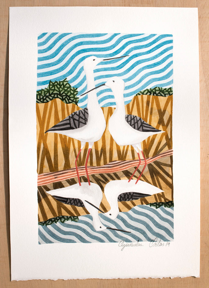 Black-Winged Stilts by Javier Ortas |  Side View of Artwork 