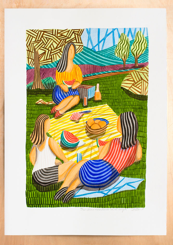 Three Girls Having a Picnic in the Countryside by Javier Ortas |  Side View of Artwork 