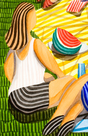 Three Girls Having a Picnic in the Countryside by Javier Ortas |   Closeup View of Artwork 