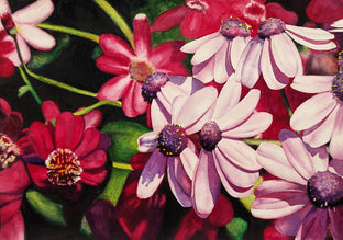Original art for sale at UGallery.com | Mini Daisies in Many Pinks by Jinny Tomozy | $1,700 | watercolor painting | 14' h x 20' w | photo 1