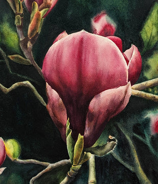 Original art for sale at UGallery.com | Crimson Magnolias by Jinny Tomozy | $1,700 | watercolor painting | 20' h x 14' w | photo 4