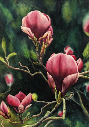 Original art for sale at UGallery.com | Crimson Magnolias by Jinny Tomozy | $1,700 | watercolor painting | 20' h x 14' w | photo 1