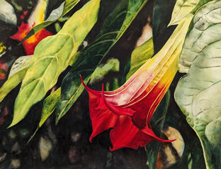 Original art for sale at UGallery.com | Garden Trumpets by Jinny Tomozy | $1,900 | watercolor painting | 18' h x 24' w | photo 1