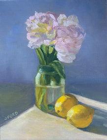 oil painting by Joanie Ford titled Flowers and Lemons